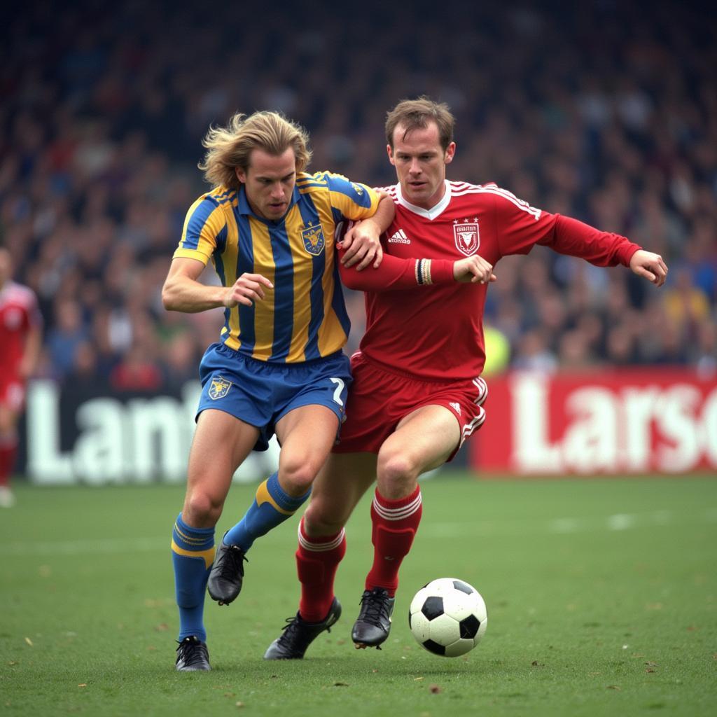 Erling Haaland demonstrating his physical strength while shielding the ball from a defender