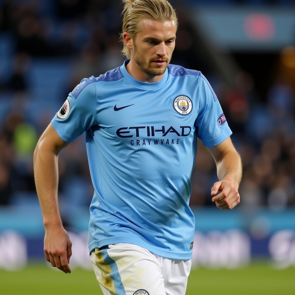 Haaland playing in a Manchester City uniform.