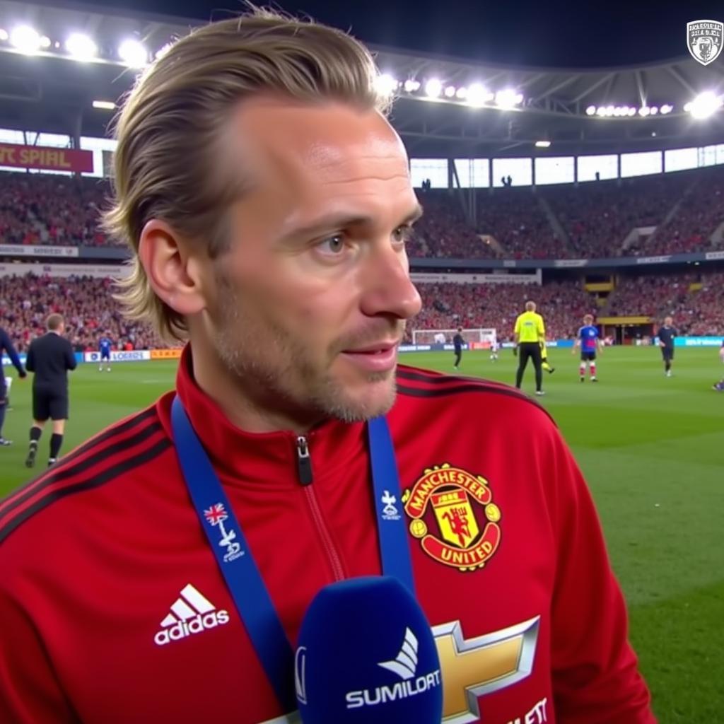 Haaland giving a post-match interview after a game against Manchester United.