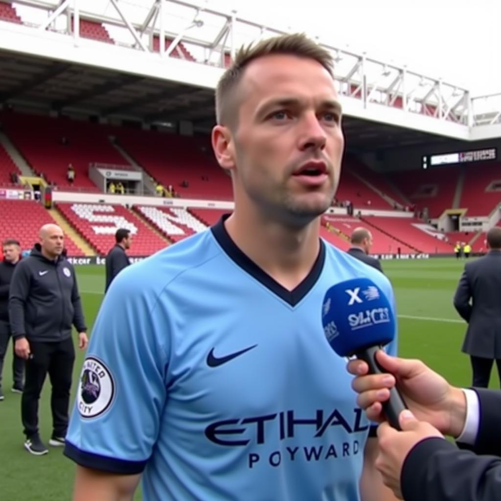 Haaland giving a post-match interview at Old Trafford after a Manchester derby