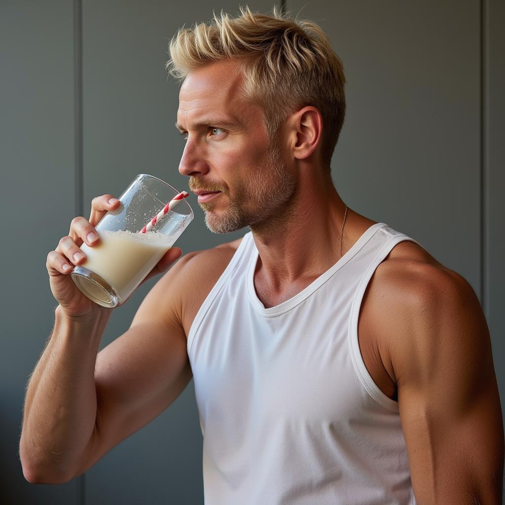 Haaland post-match recovery: Image of Erling Haaland consuming a post-workout recovery shake, emphasizing the importance of replenishing nutrients after intense physical activity.