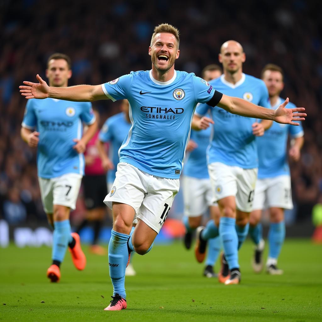 Erling Haaland celebrates with a power slide after scoring a goal for Manchester City, his teammates joining in the celebration.