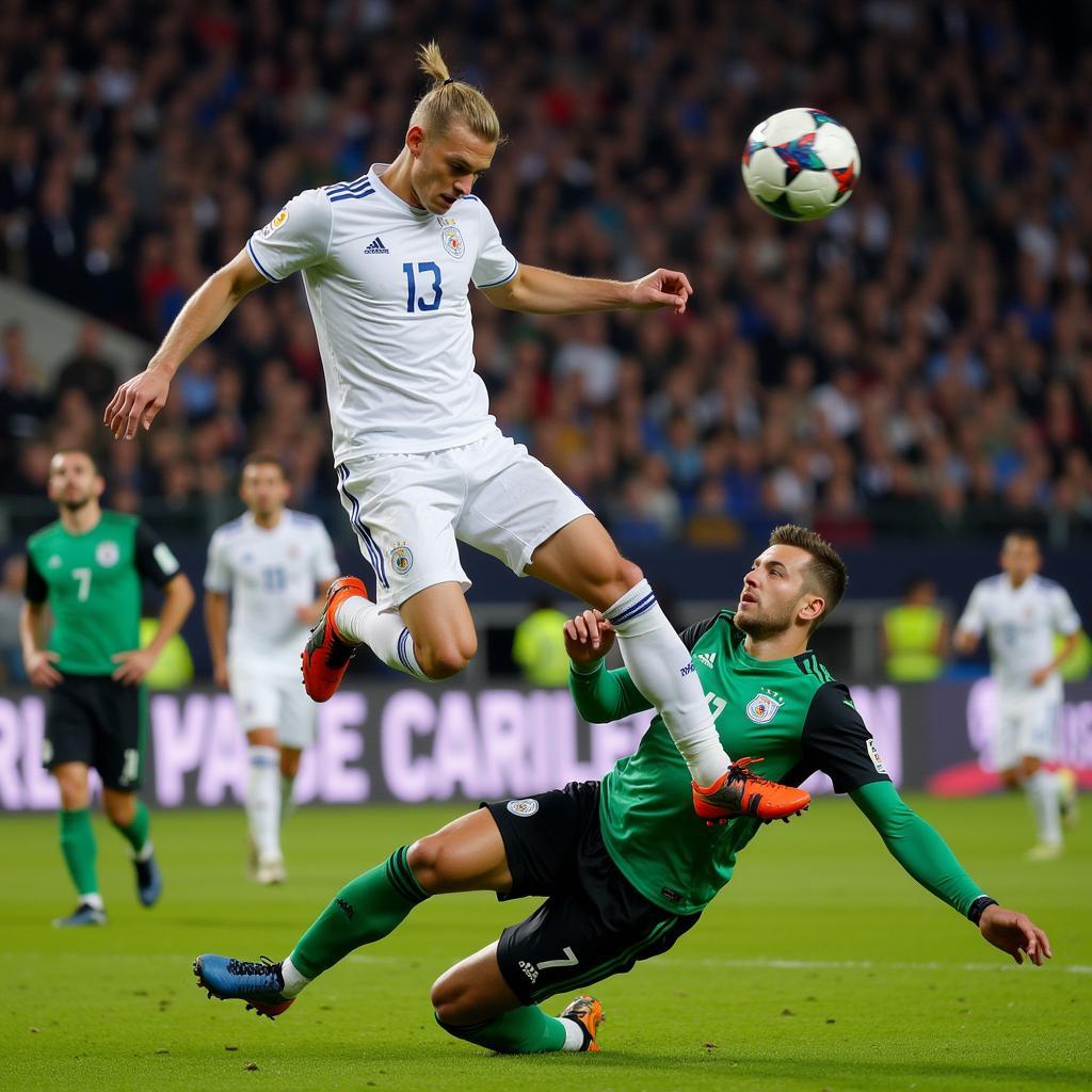 Haaland Scoring a Powerful Header in a Champions League Match