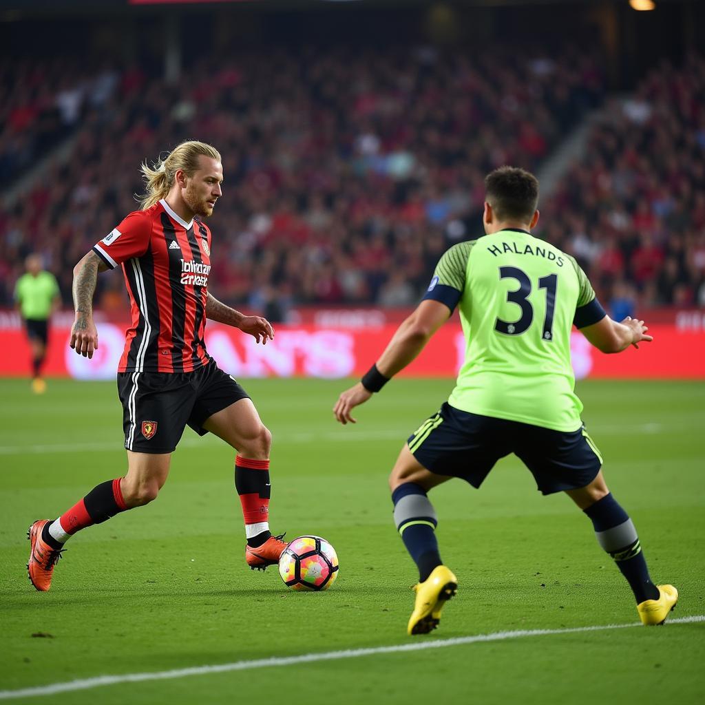 Haaland unleashes a powerful shot on target during tonight's game.