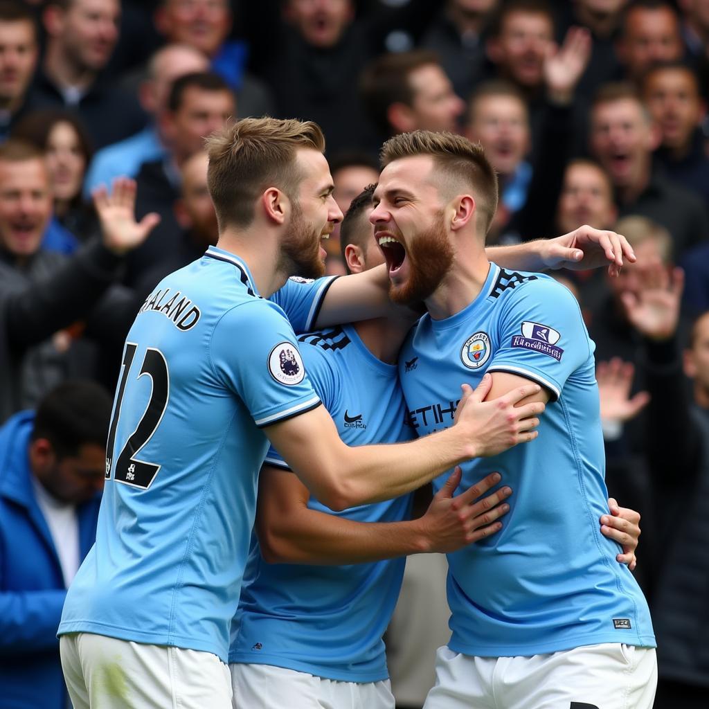 Fans celebrating Erling Haaland's first Premier League goal