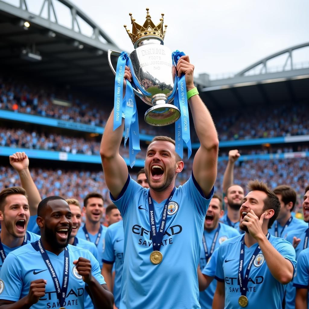 Erling Haaland celebrates winning the Premier League title with Manchester City.