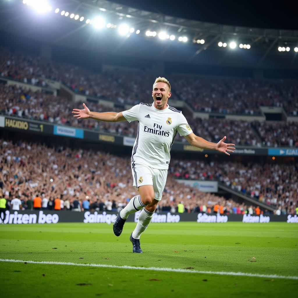 Haaland Celebrates a Goal in a Real Madrid Jersey