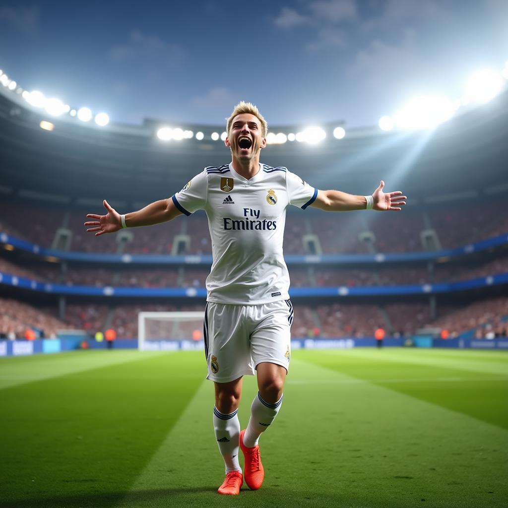 Haaland celebrating a goal in a hypothetical Real Madrid kit