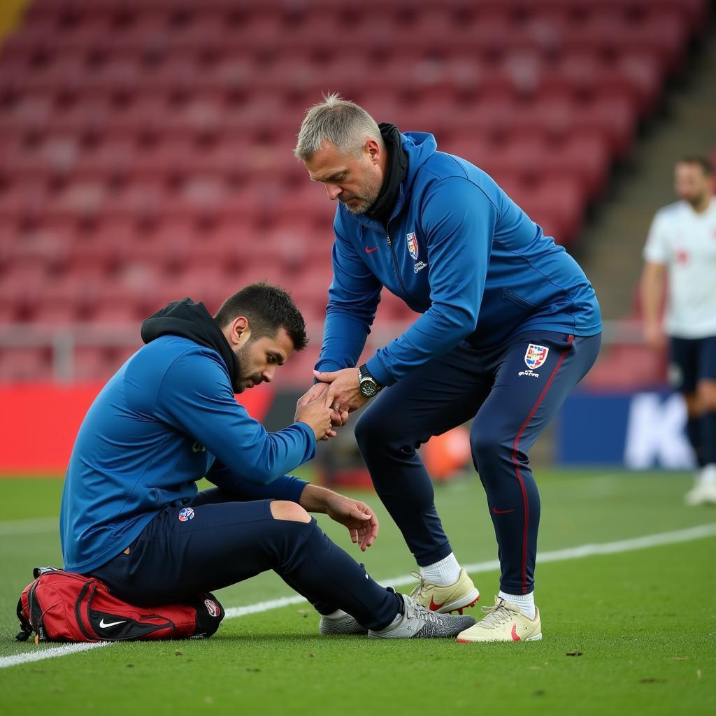 Erling Haaland receiving medical attention from Norway's medical team