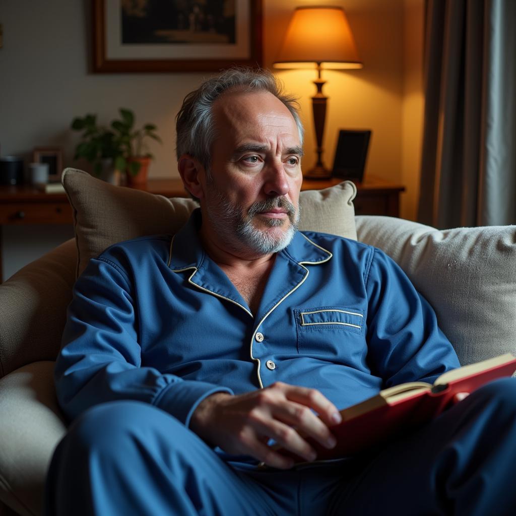 Haaland relaxing in blue pyjamas at home