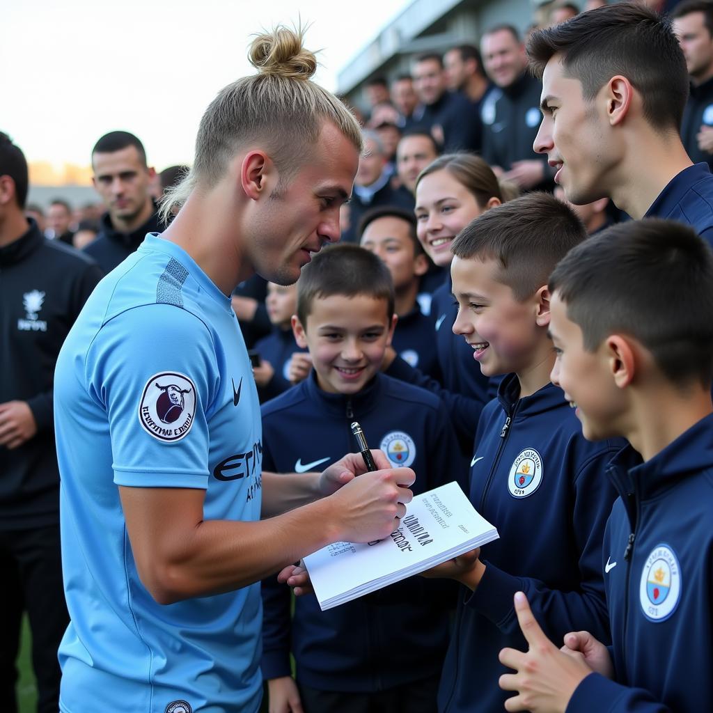 Haaland interacting with fans after a match, further emphasizing his connection with the Manchester City supporters.