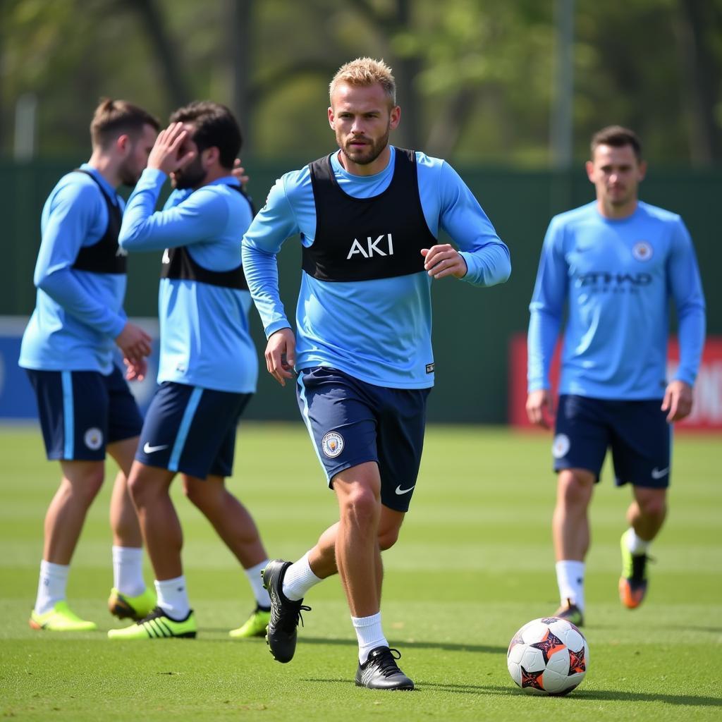 Haaland training with Manchester City teammates after the removal of his release clause, signaling his commitment to the team's future.