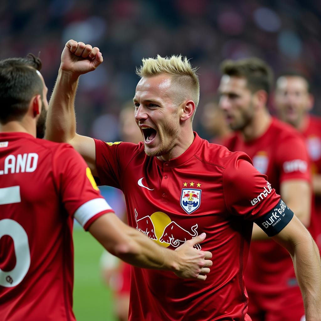 Haaland celebrates his hat trick against Genk while playing for Salzburg