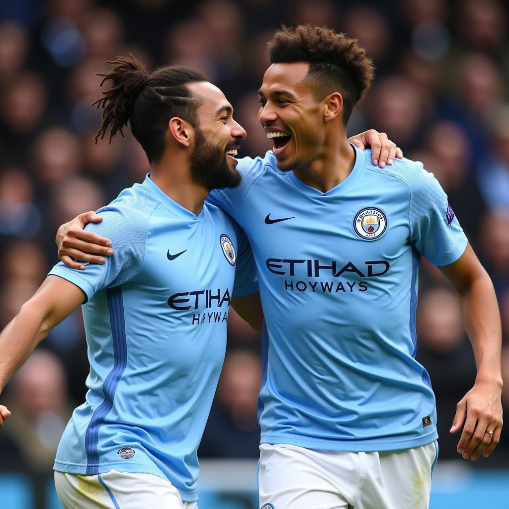 Haaland and Sancho celebrate a goal for Man City