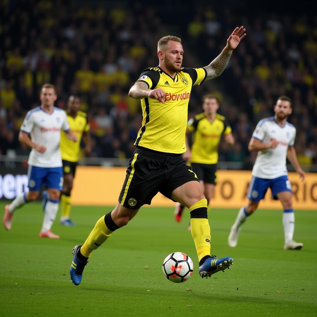 Haaland scoring a goal for Borussia Dortmund in the 2021/22 season