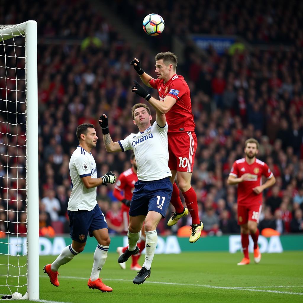 Haaland scoring a powerful header against an opponent