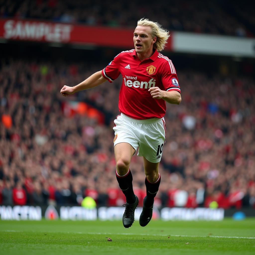 Erling Haaland scoring a goal against Manchester United at Old Trafford