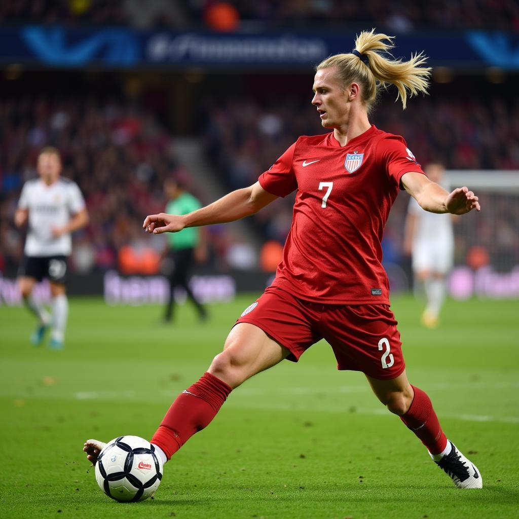 Haaland scoring a powerful strike against Sevilla in the Champions League