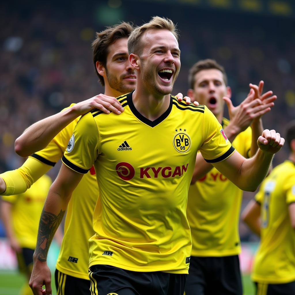 Haaland scoring a goal for Borussia Dortmund in 2022