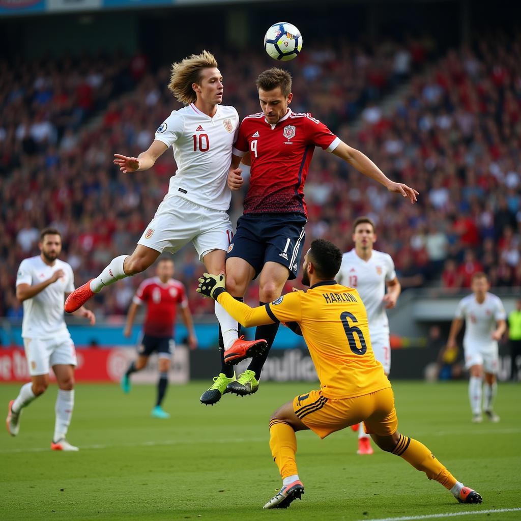 Erling Haaland scoring a powerful header during the 22/23 season