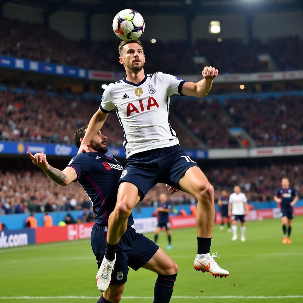 Erling Haaland scoring a powerful header against a tough opponent