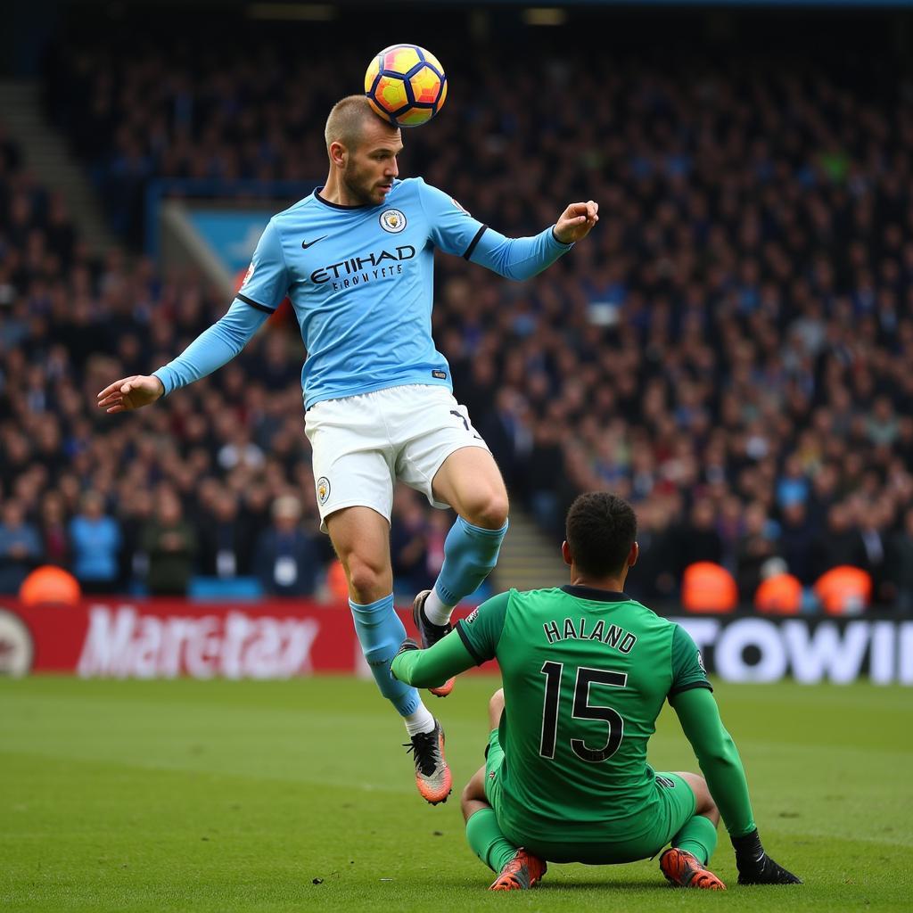 Haaland Scoring a Powerful Header for Man City