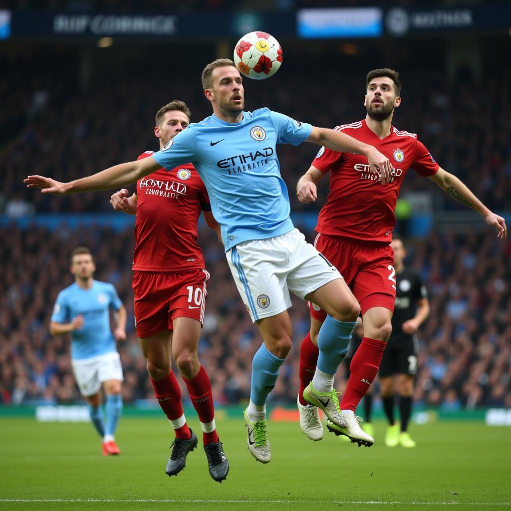 Erling Haaland scores a header for Manchester City