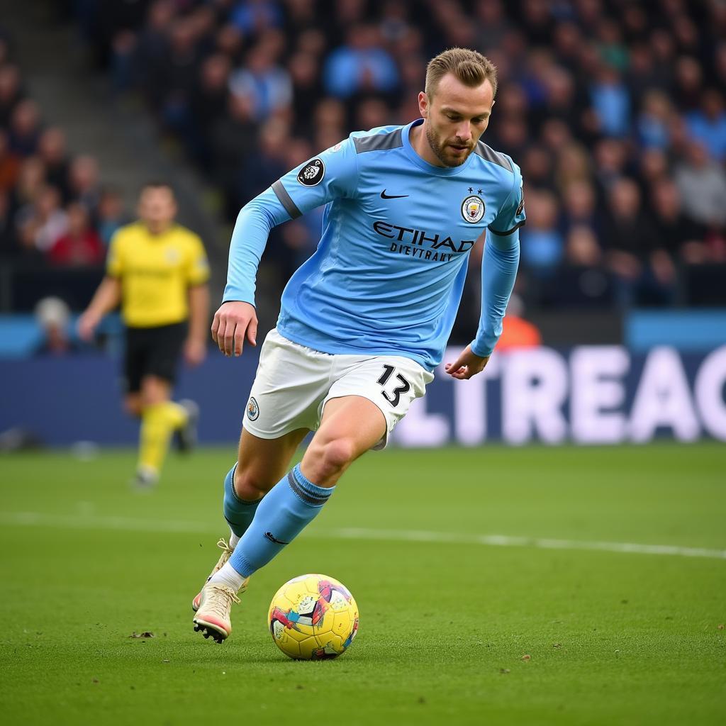 Haaland Scoring a Goal in his Man City Kit