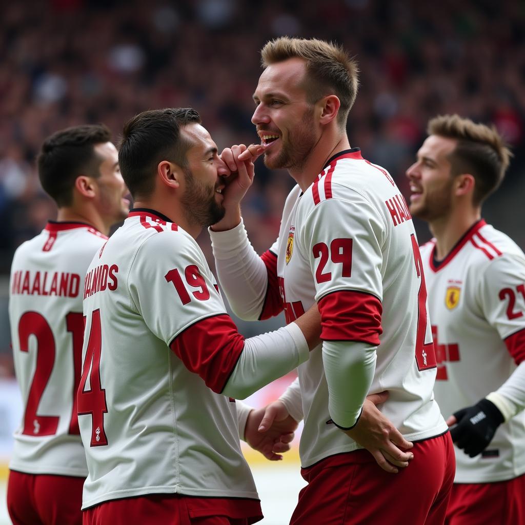 Haaland scratching his chin while celebrating a goal