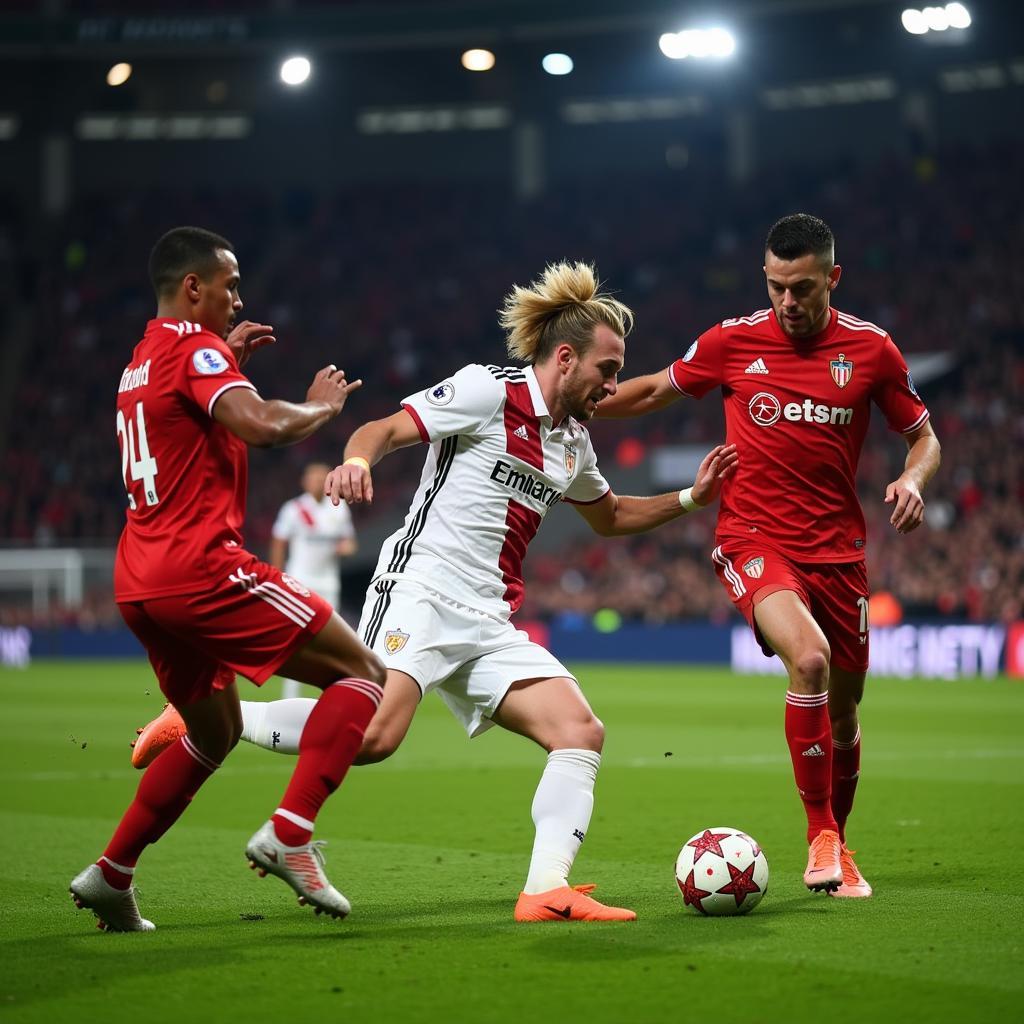 Erling Haaland challenging Sevilla's defense in a Champions League match