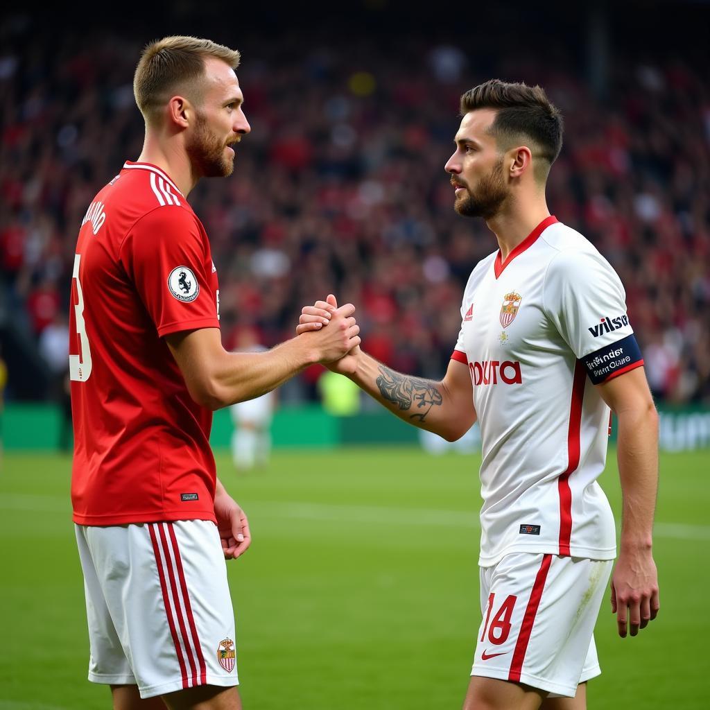 Haaland shaking hands with a Sevilla player after the match