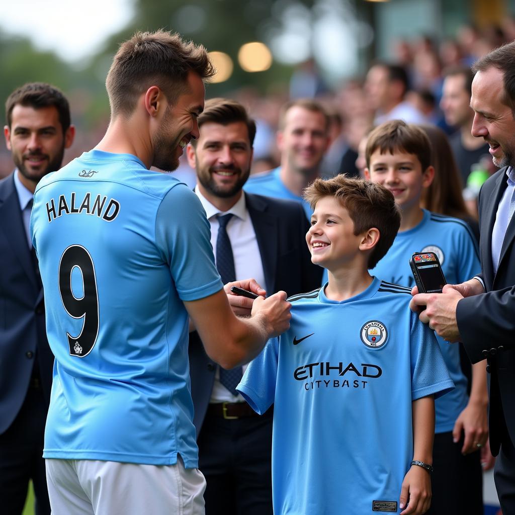 Haaland signing autographs for fans on their Man City Trikots