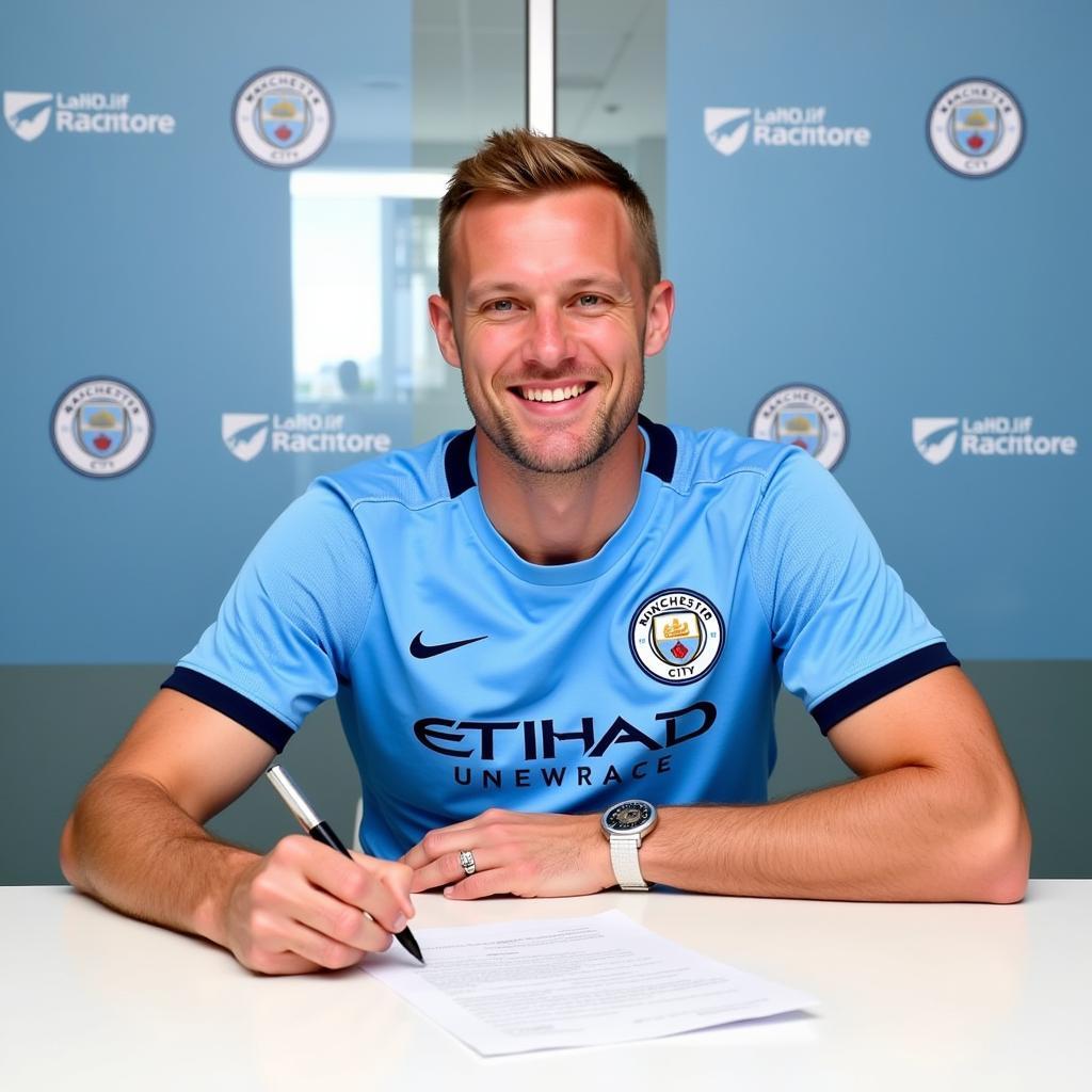 Haaland signing his contract with Manchester City.