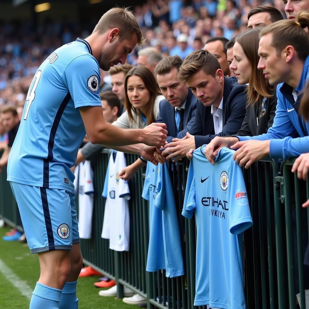 Erling Haaland signing shirts for fans after a match