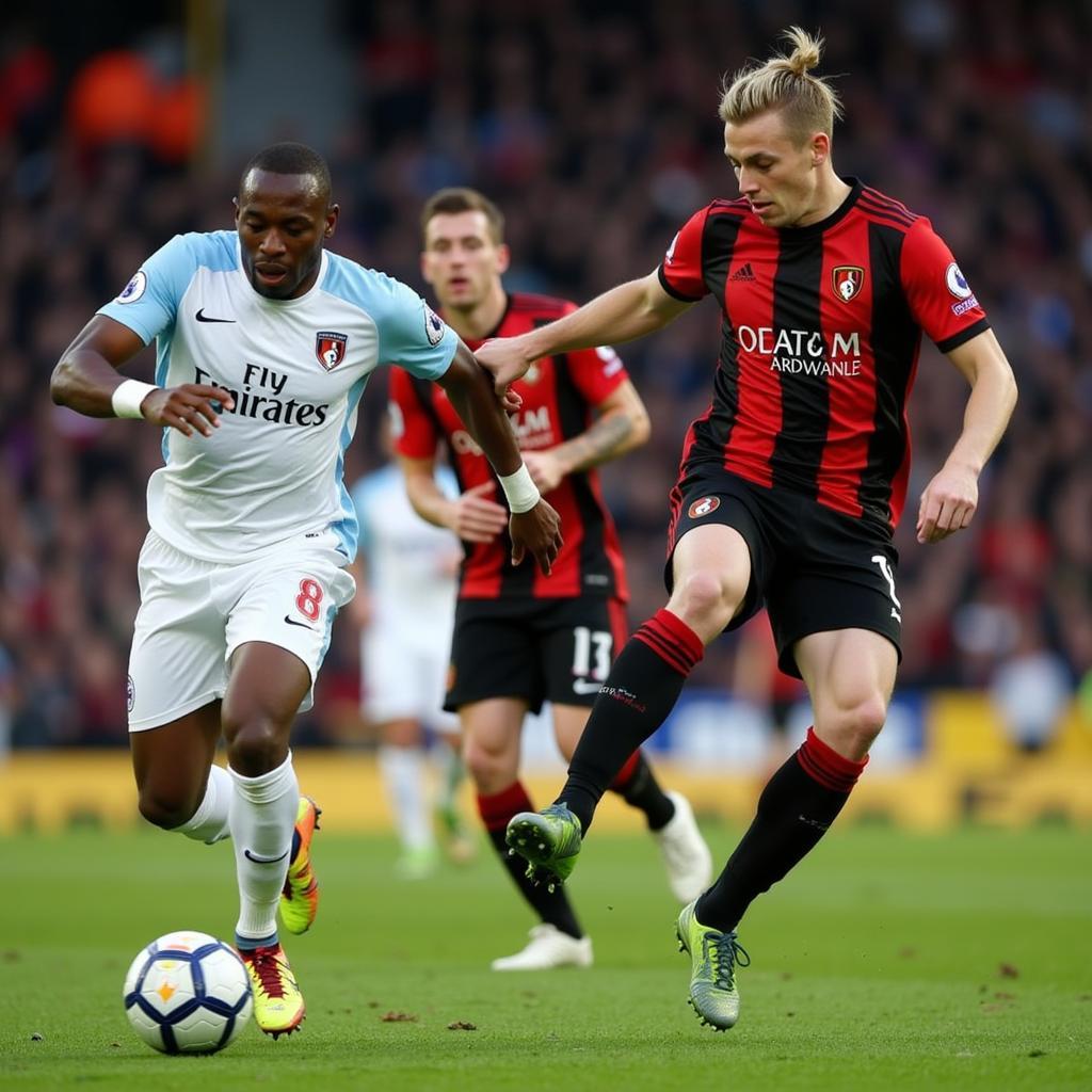 Haaland uses his speed and strength to break through Bournemouth's defensive line.