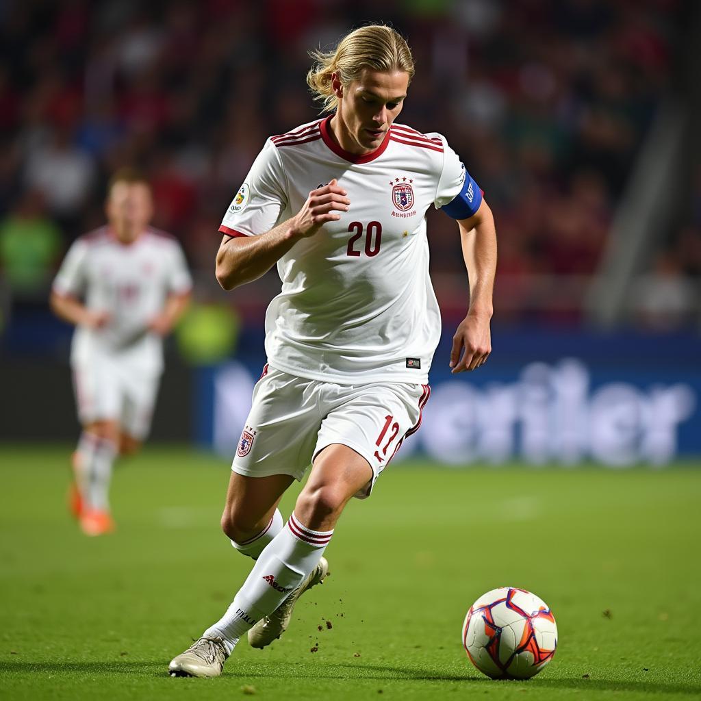 Erling Haaland taking a powerful shot on goal