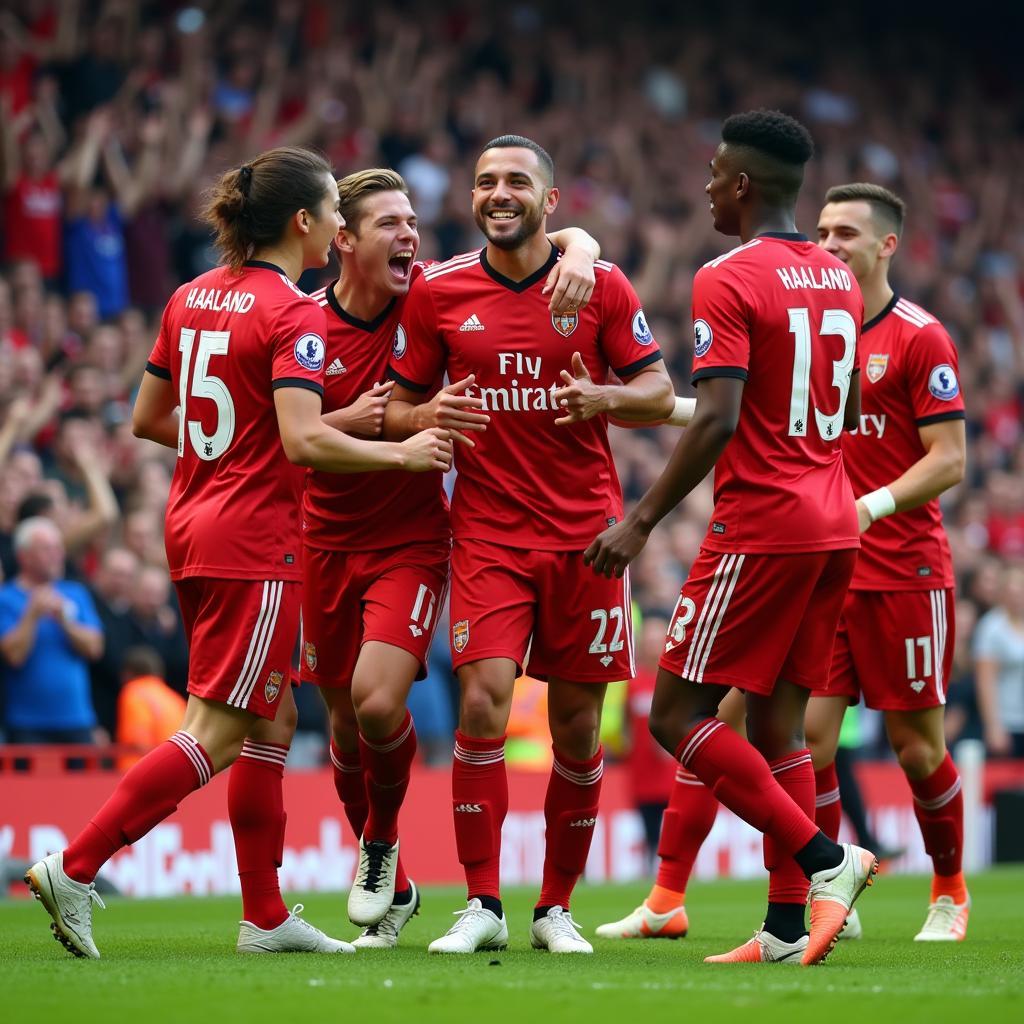 Erling Haaland celebrating a goal with his teammates