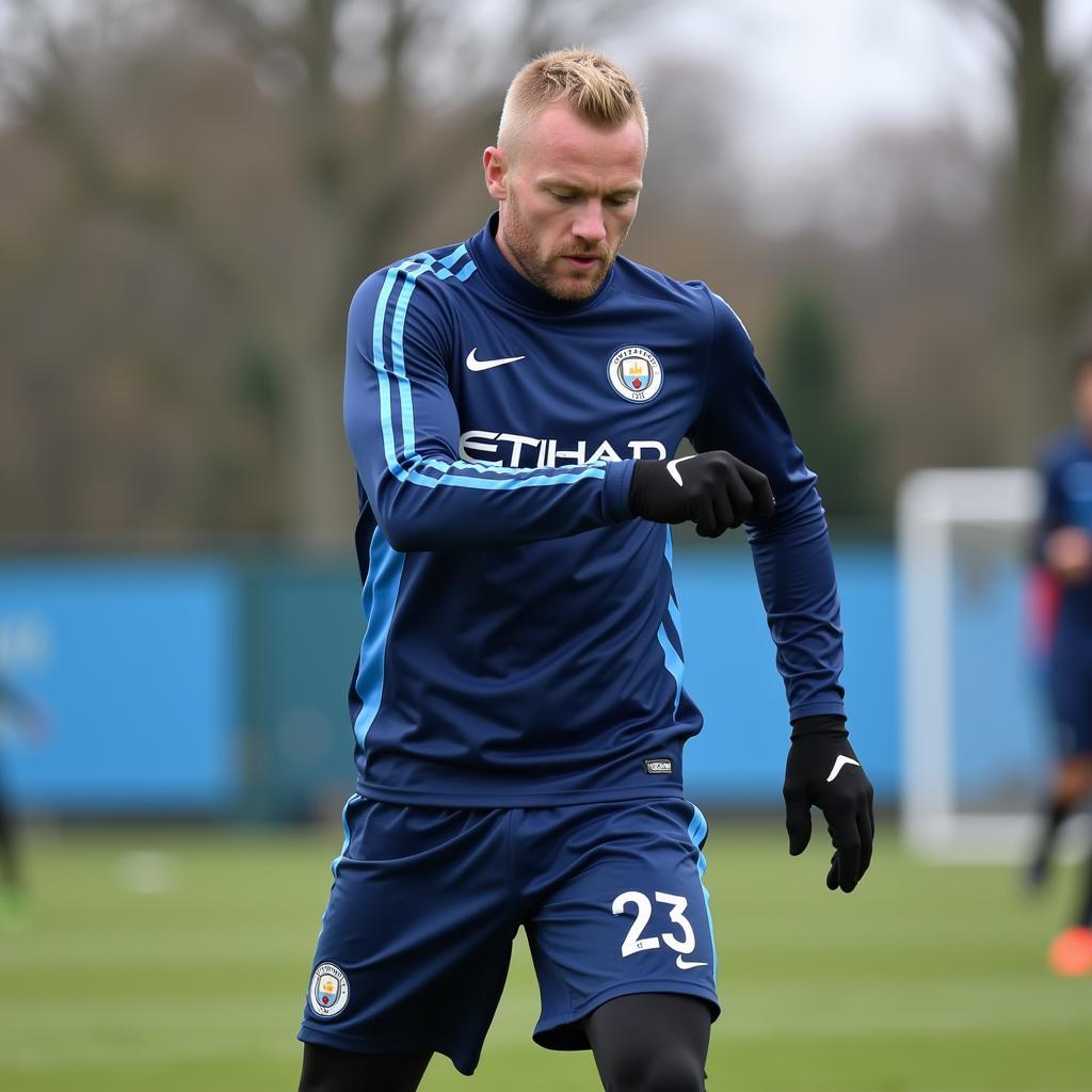 Erling Haaland practices shooting drills during training in the 22/23 season, focusing on accuracy and power.