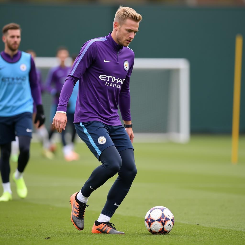 Erling Haaland training with Manchester City, demonstrating his commitment to physical fitness and honing his skills.