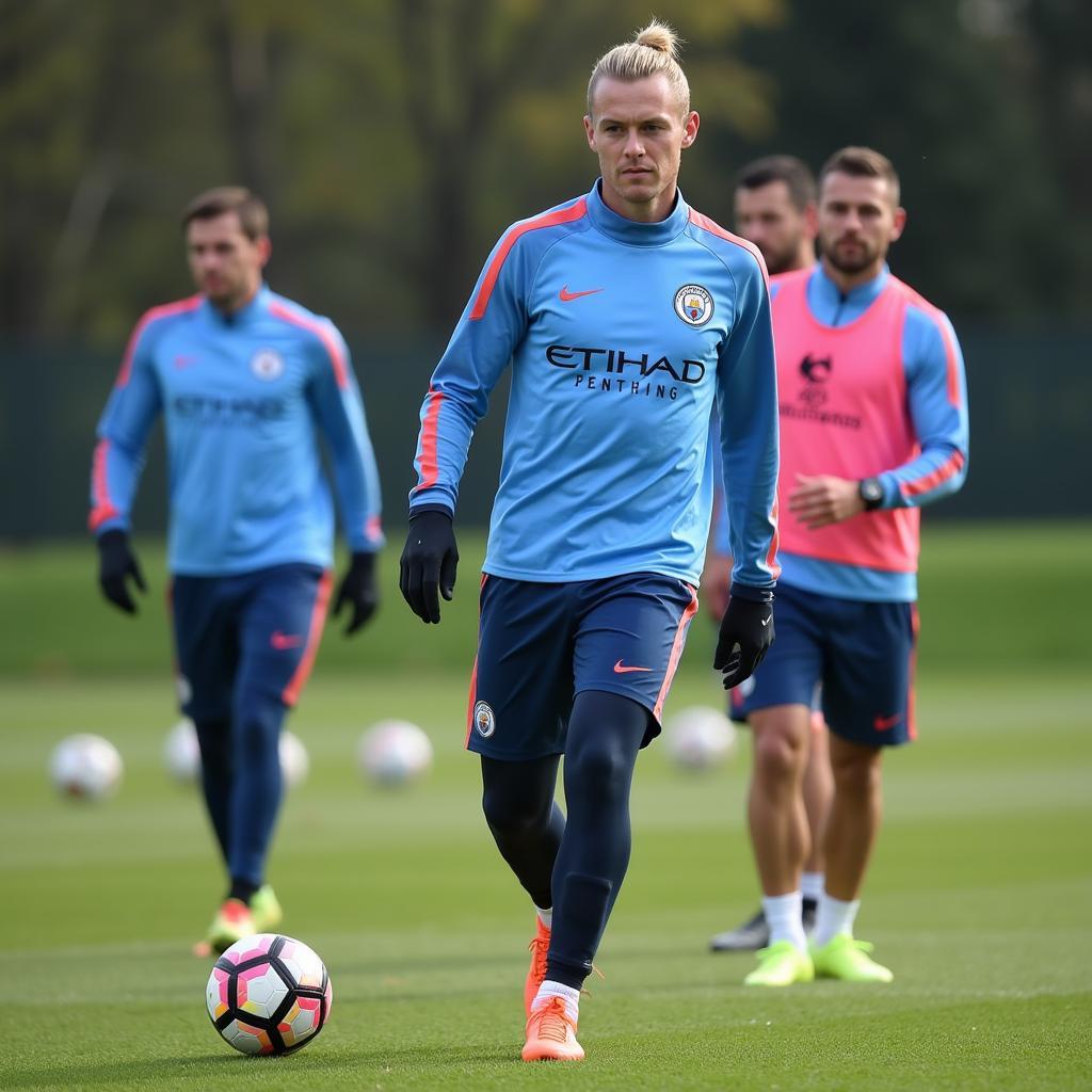 Erling Haaland focuses during a training session.