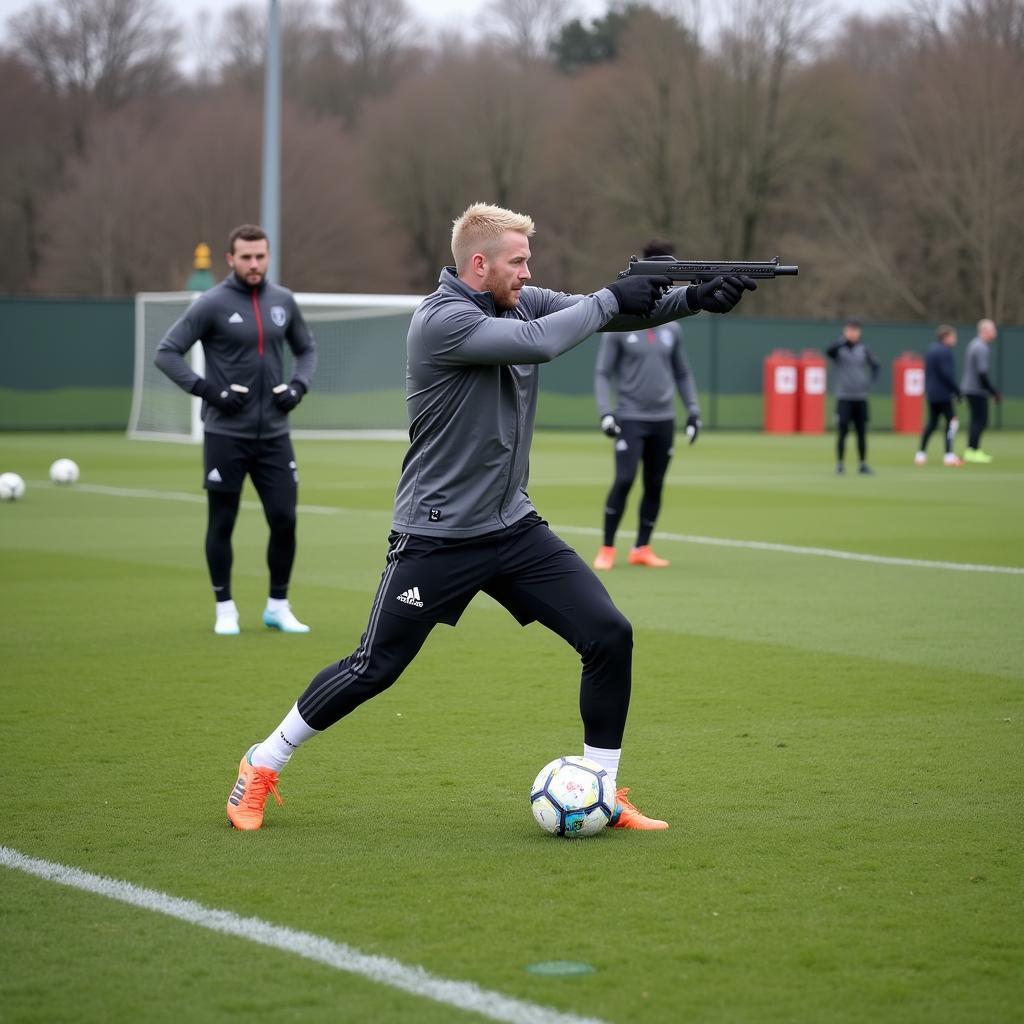 Erling Haaland practicing shooting drills during training.