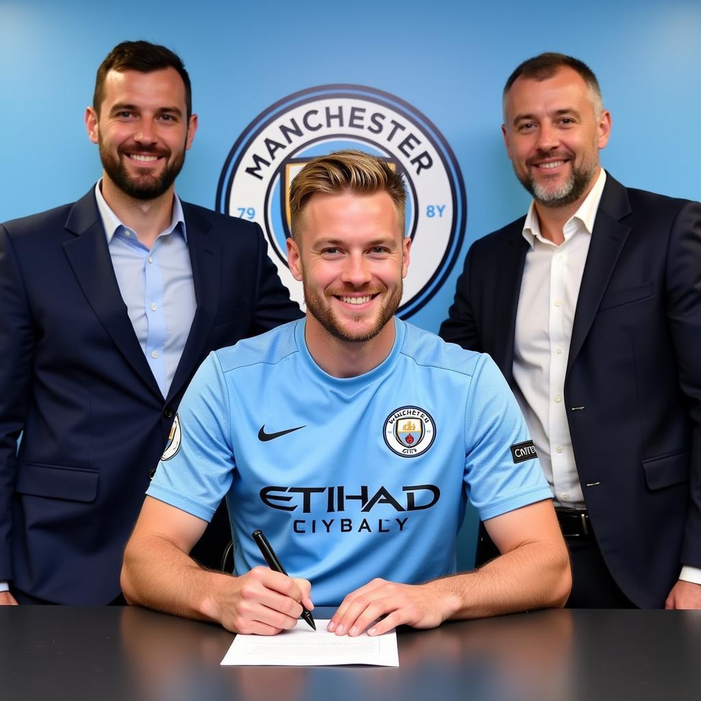 Erling Haaland signing his contract with Manchester City after triggering his release clause.