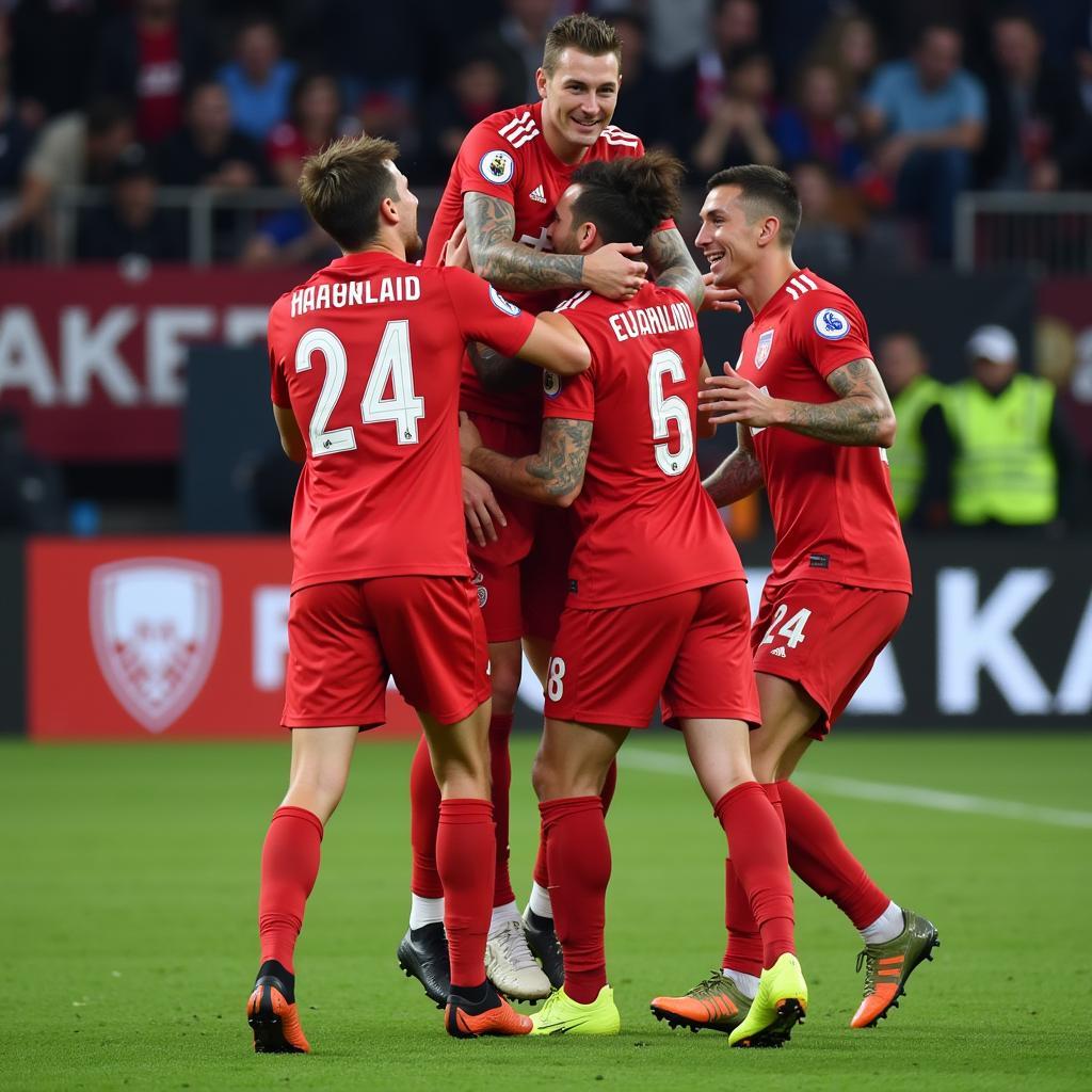 Erling Haaland celebrates with teammates after a UCL goal