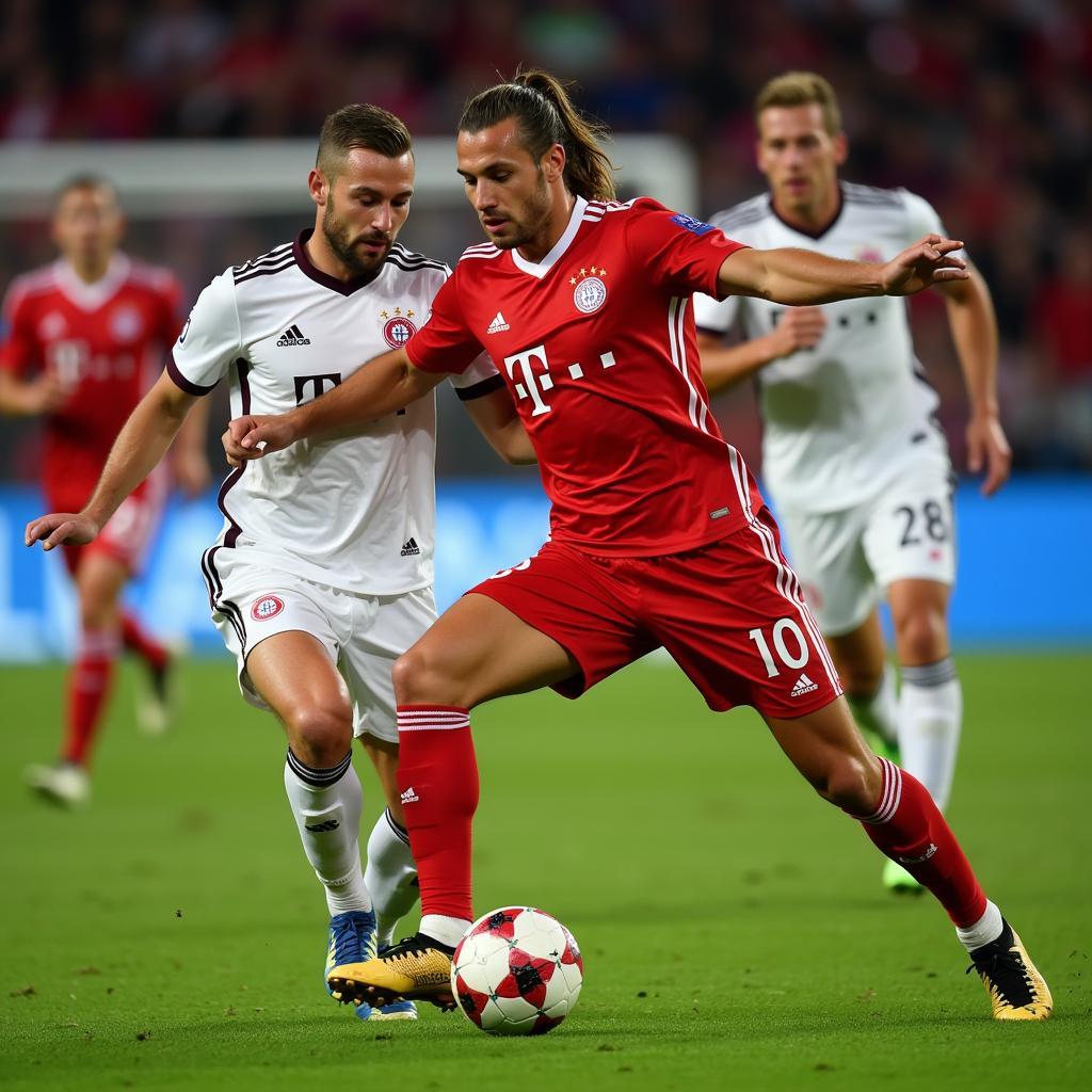 Haaland takes on a Bayern Munich defender