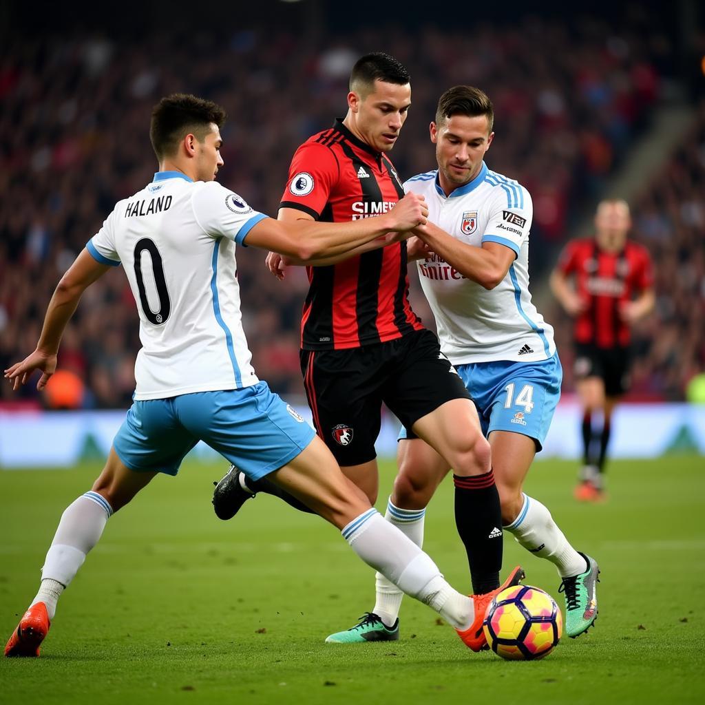 Haaland dominates Bournemouth's defense, showcasing his speed and power.