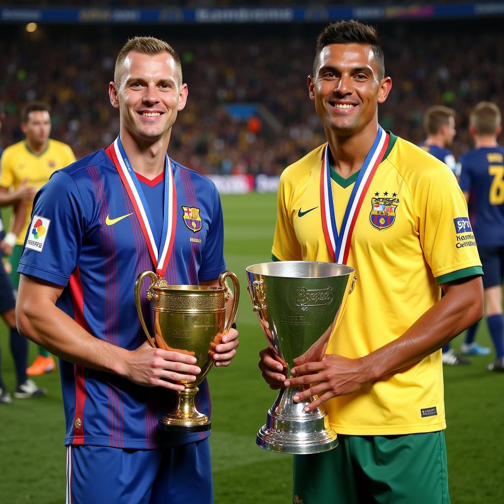 Haaland and Ronaldo Nazario holding trophies