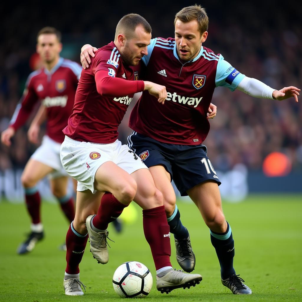 Haaland battles a West Ham defender for the ball