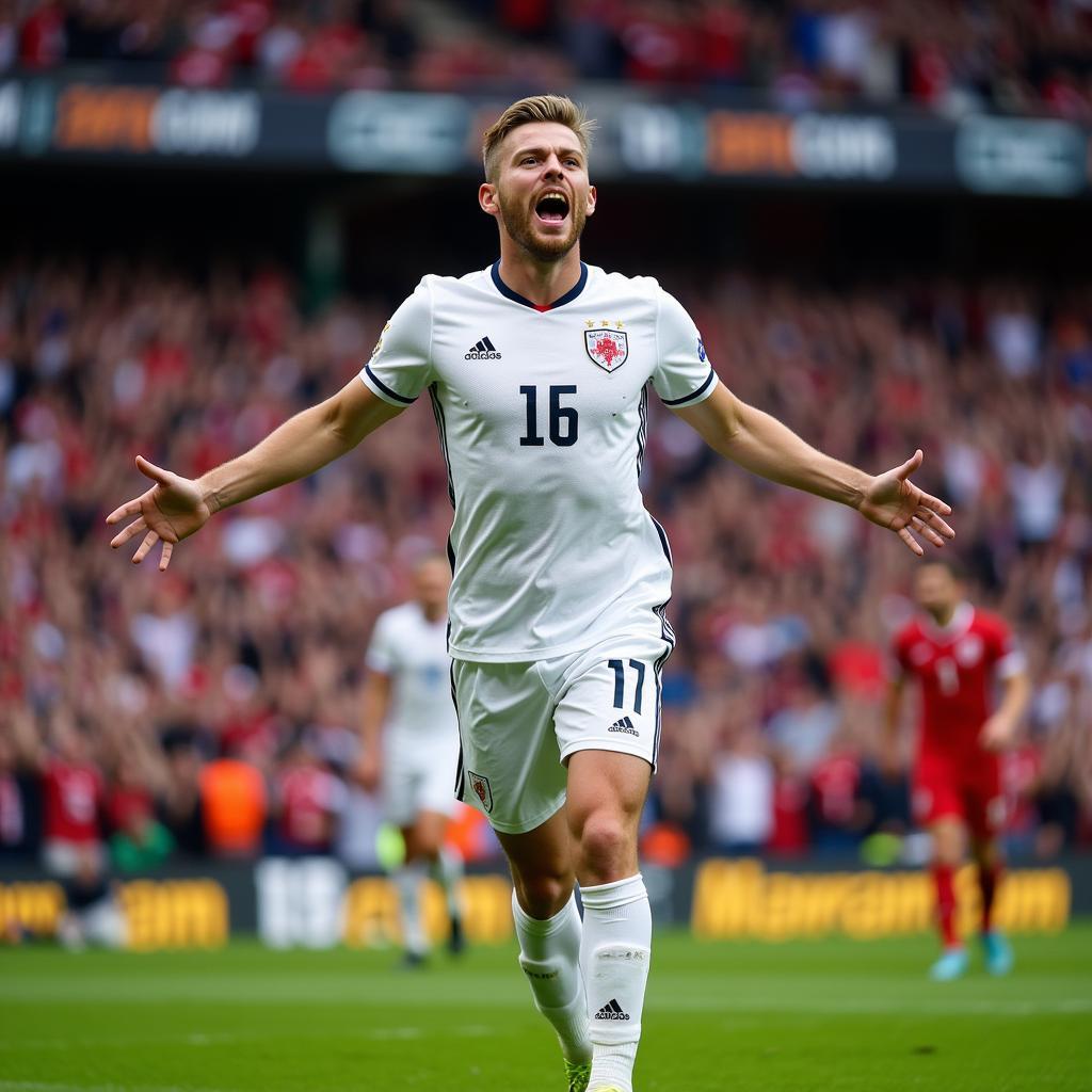 Haaland celebrating a goal in his white Manchester City kit