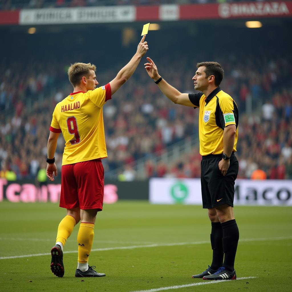 Erling Haaland receiving a yellow card after arguing with the referee.