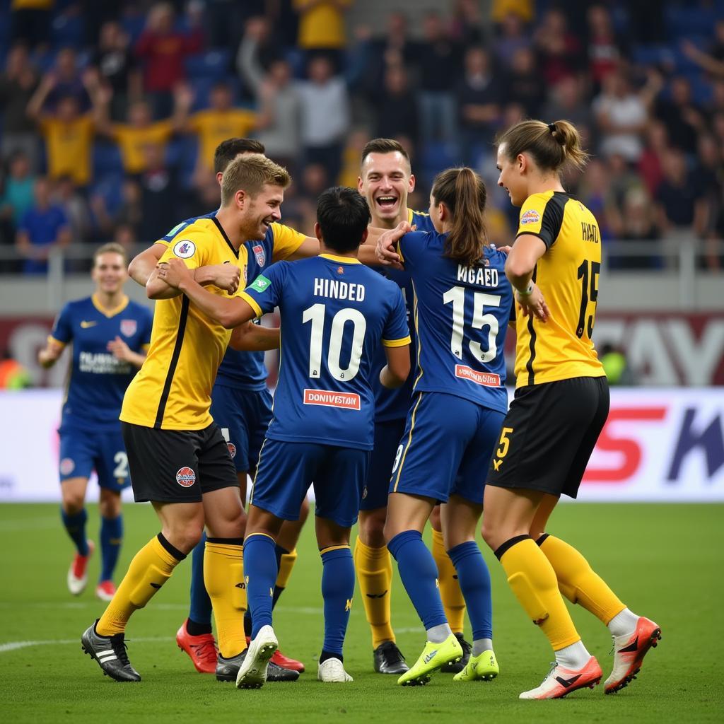 HAGL Team Celebrating a Goal: HAGL players celebrating a goal, highlighting team spirit and the collective value of the squad.